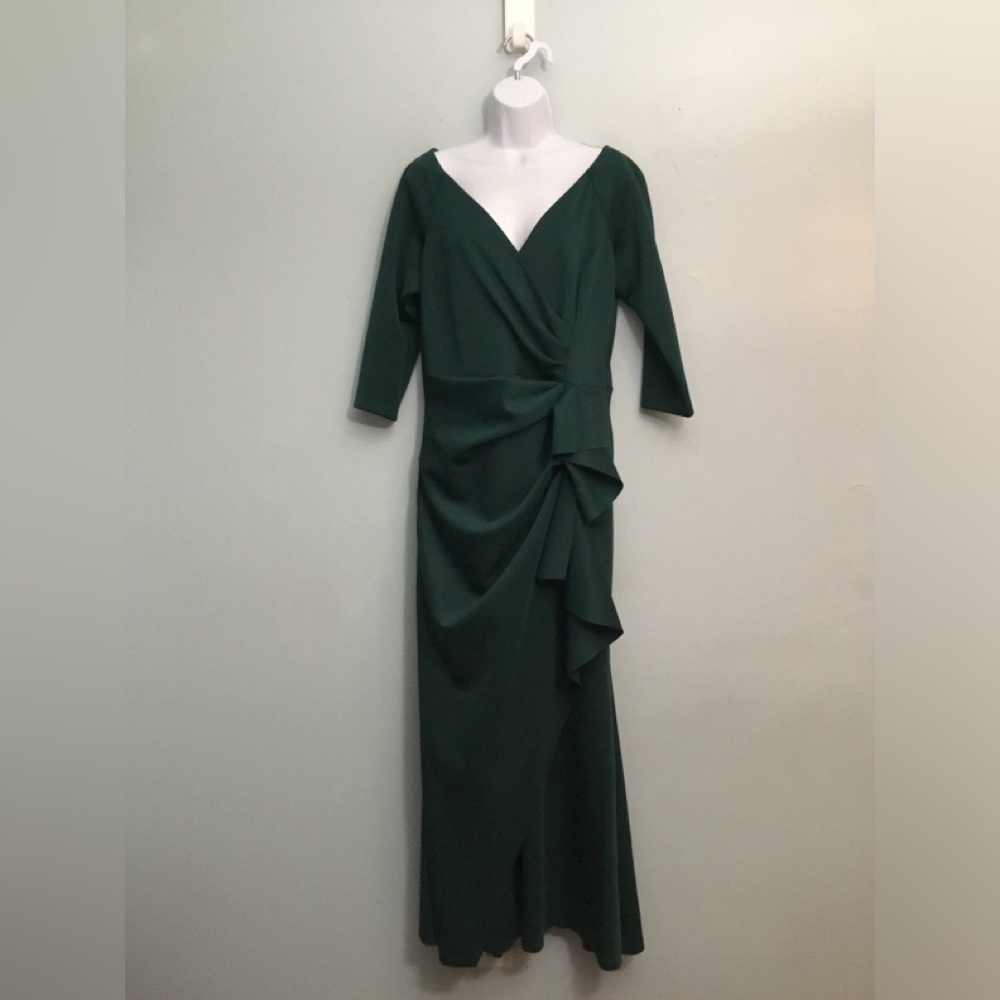 Elegant Forest Green V-Neck Draped Women's Dress - Picture 2 of 15